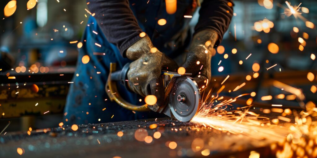 Craftsman using a grinder to cut metal in a workshop with sparks flying